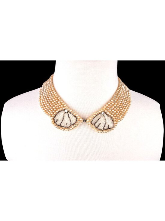 Truly Regal Art Craft Jewelry - Vintage Faux Pearl Beaded Collar Sweater Necklace Shell Motif 1950s Rhinestone